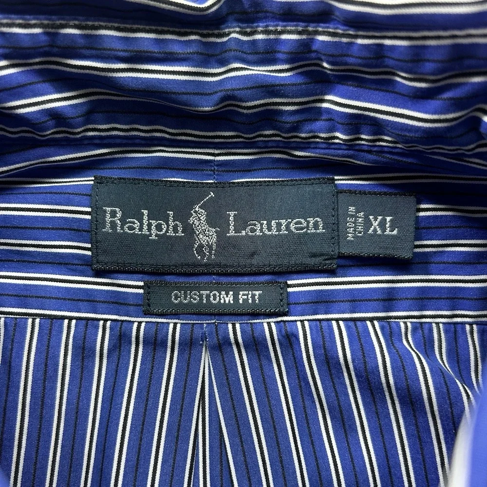 Ralph Lauren XL Custom Fit Blue Striped Flesh Pony Button Down Shirt Preppy